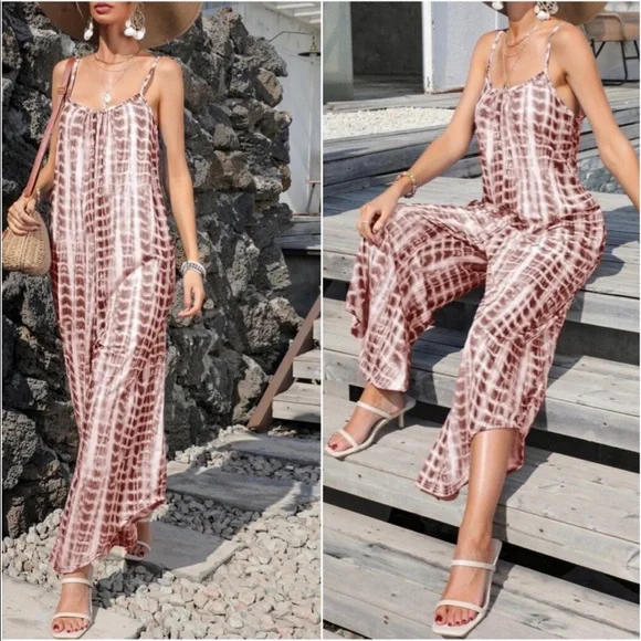 Boho Tie Dye Wide Leg Pants Pocket Jumpsuit - Picture 2 of 11